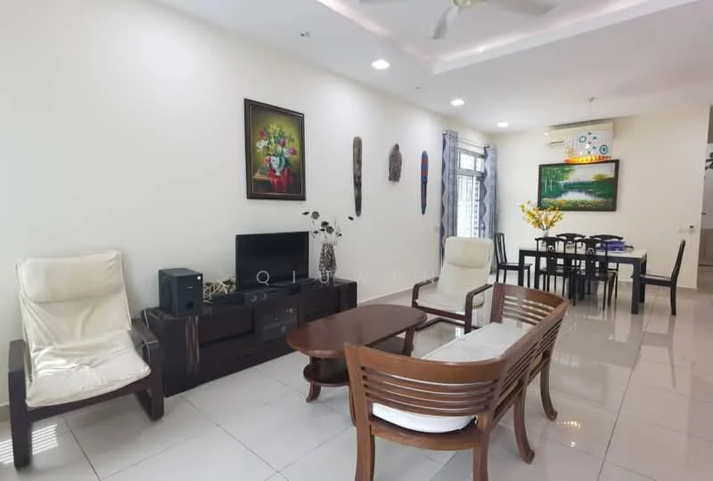 Living features: white painted walls, glossy tile flooring, recessed downlights, 5-blade ceiling fan, wall-mounted TV, wooden coffee table, 2-seater wooden sofa, 2 armchairs, decorative wall art, decorative vase with flowers, window with sheer curtains, dining area visible in background; style: modern.