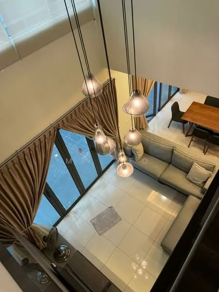 Living features: large sectional sofa in light grey, pendant lighting with multiple glass shades, white tiled flooring, floor-to-ceiling windows, sheer curtains, dining table with chairs visible, decorative throw pillows, area rug, wall-mounted TV, coffee table; style: modern.