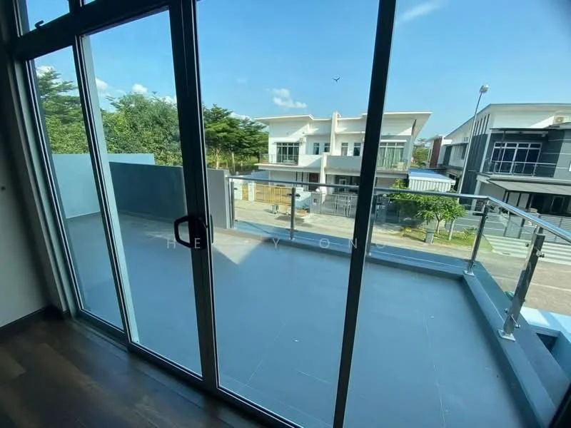 Room features: sliding glass door, floor-to-ceiling windows, grey tiled flooring, glass railing, outdoor terrace, city view, exterior wall with grey finish, sunlight streaming in; style: modern; view: city.