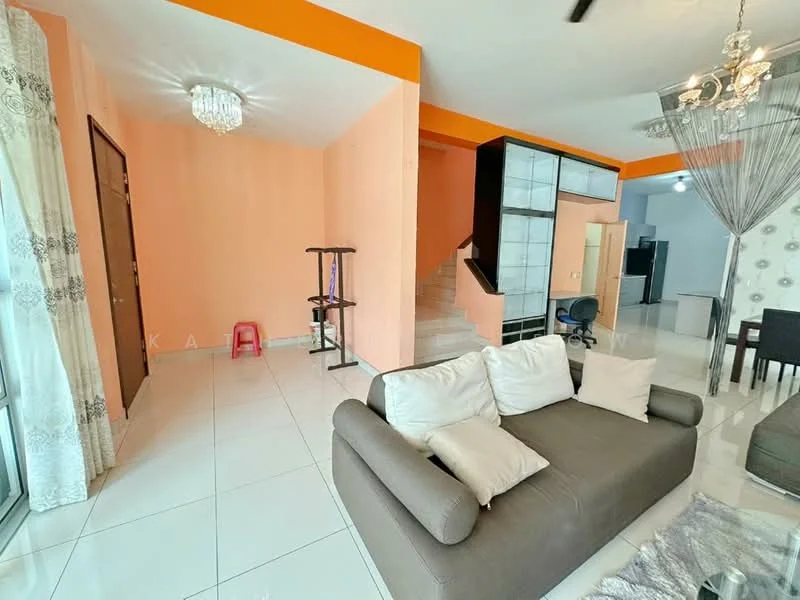 Living features: grey fabric sofa, white throw pillows, glass coffee table, white tiled flooring, orange accent wall, chandelier with crystals, floor-to-ceiling windows, sheer curtains, open layout, staircase in background, wall-mounted TV, decorative wall paneling; style: modern.