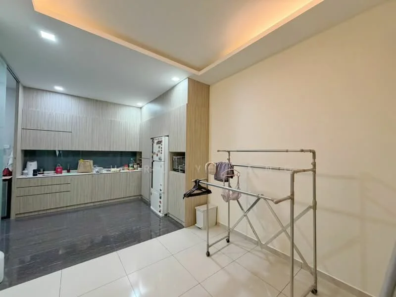 Kitchen features: white cabinets with wood accents, black countertop, built-in refrigerator, freestanding oven, stainless-steel sink, chrome faucet, tile backsplash, open shelving, pendant lighting, grey tiled flooring, recessed lighting, clothes rack, white walls; style: modern.