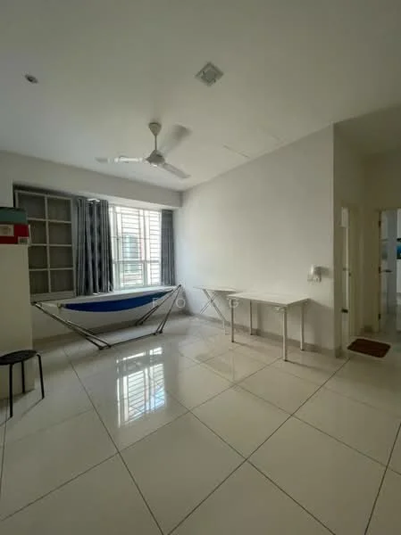 Room features: white painted walls, glossy ceramic tile flooring, ceiling fan, large windows with sheer curtains, folding table, black stool, hammock, doorway leading to another room, light fixture in ceiling, neutral color scheme; style: modern.