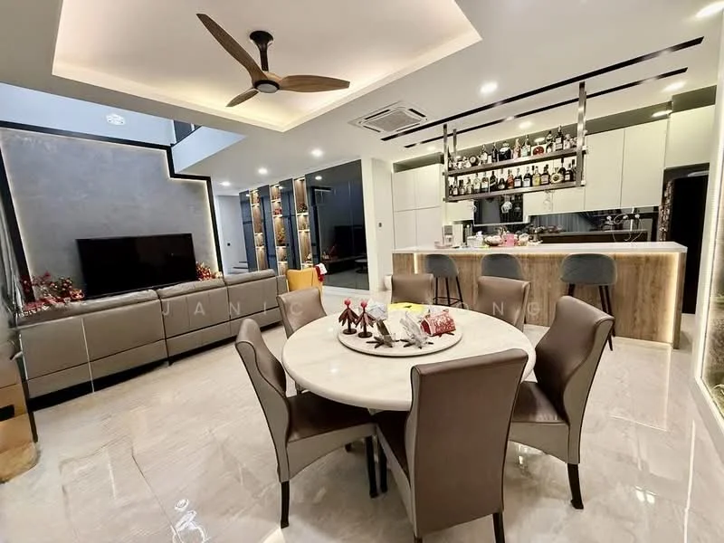 Dining features: round dining table with marble top, upholstered dining chairs, 5-blade ceiling fan with light, recessed downlights, grey accent wall, open shelving with decorative items, built-in cabinetry, floor-to-ceiling windows, polished tile flooring, TV console, sofa in grey fabric; style: modern. Kitchen features: kitchen island with bar seating, stainless-steel appliances, white cabinetry, black countertop, wine rack, built-in oven, freestanding range oven, microwave, recessed lighting; style: modern.