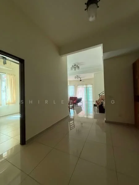 Room features: white painted walls, glossy ceramic tile flooring, recessed downlights, large windows with sheer curtains, open layout, doorway leading to another room, light-colored ceiling, furniture visible in the background; style: modern.