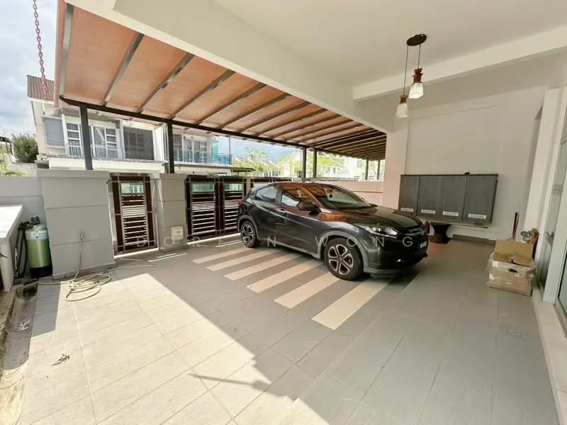 Exterior type: car porch; features: covered car porch, grey tiled flooring, white walls, metal grilles, hanging pendant light, space for one vehicle, storage cabinets, open layout; style: modern.