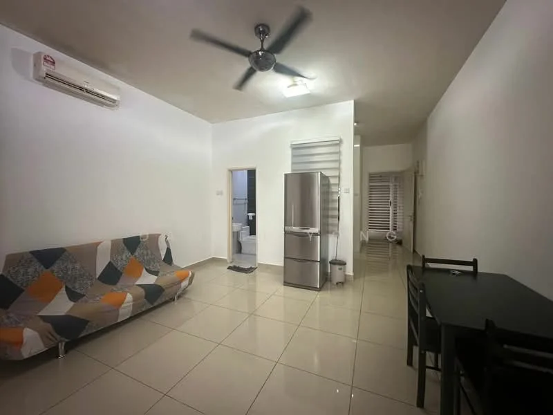 Living features: white painted walls, polished ceramic tile flooring, 5-blade ceiling fan with light, sofa bed with colorful patchwork, black dining table with chairs, stainless-steel fridge, air conditioning unit, window with blinds; style: modern. Room features: doorway leading to bathroom, doorway leading to hallway.
