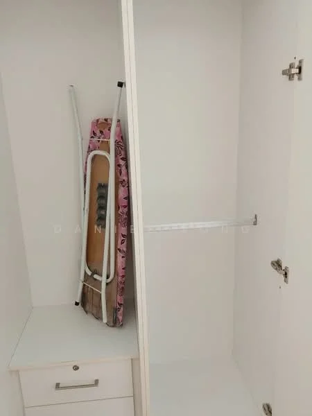 Room features: white cabinetry, built-in storage, shelf, ironing board, drawer, empty space; style: modern.