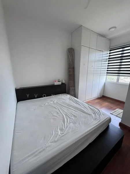 Bedroom features: queen-size bed, black wooden bed frame, white painted walls, wooden flooring, built-in wardrobe with sliding doors, window with black and white striped blinds, nightstand, area rug; style: modern.