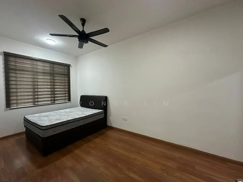 Bedroom features: wooden flooring, white painted walls, ceiling fan, window with blinds, queen-size bed frame without mattress, light fixture on ceiling.