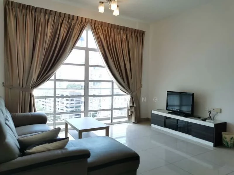 Living features: 3-seater fabric sofa in grey, coffee table, wall-mounted TV, TV console with storage, floor-to-ceiling windows, sheer curtains, recessed downlights, glossy tile flooring, decorative wall, city view; style: modern; view: city.