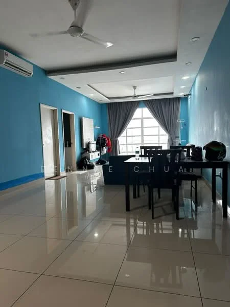 Living features: blue painted walls, white ceiling, recessed downlights, 5-blade ceiling fan, large floor-to-ceiling windows, grey curtains, white tiled flooring, black dining table with chairs, wall-mounted air conditioning unit, decorative wall mirror, open layout; style: modern.