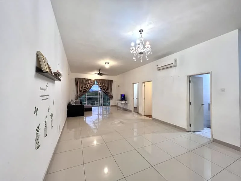 Living features: white painted walls, glossy ceramic tile flooring, chandelier, 5-blade ceiling fan, sofa, TV console, floor-to-ceiling windows, curtains, decorative wall shelf, air conditioning unit; style: modern; view: city. Room features: white painted walls, glossy ceramic tile flooring, door leading to bathroom, door leading to hallway.