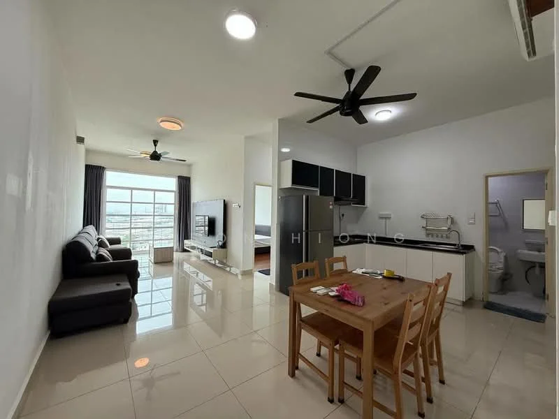 Living features: 3-seater fabric sofa in grey, floor-to-ceiling windows, TV console, wall-mounted TV, coffee table, area rug, ceiling fan with light, recessed downlights, marble tile flooring, white painted walls; style: modern; view: city. Dining features: 6-seater dining table, wooden dining chairs, tabletop with decorative items, open kitchen layout, marble tile flooring, white painted walls; style: modern. Kitchen features: black cabinetry, stainless-steel sink, chrome pull-down faucet, built-in oven, freestanding range oven, microwave, refrigerator, marble tile flooring, white painted walls; style: modern. Bathroom features: one-piece toilet, shower with glass enclosure, vanity with sink, mirror, tile cladding, white walls; style: modern.