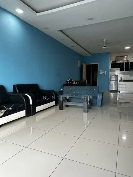 Living features: blue painted walls, white ceiling, polished ceramic tile flooring, 3-seater black leather sofa, 2-seater black leather sofa, glass coffee table, ceiling fan, open layout to kitchen, kitchen area visible in background; style: modern.