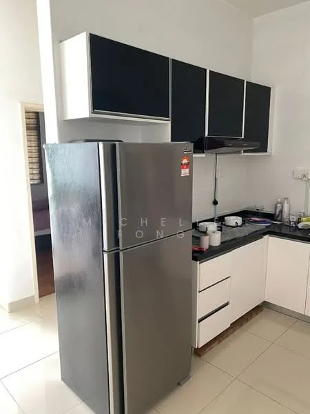Kitchen features: black upper cabinets, white lower cabinets, stainless-steel fridge, black countertop, built-in range hood, ceramic tile flooring, sink, kitchen utensils on countertop, wall-mounted cabinets, open shelving; style: modern.