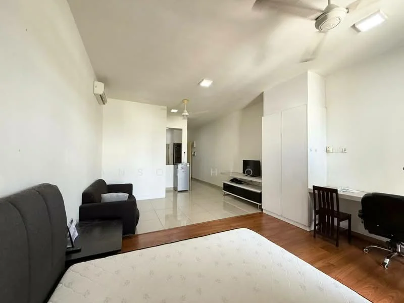 Room features: queen-size bed, upholstered headboard, grey fabric sofa, wooden flooring, white painted walls, ceiling fan, recessed downlights, built-in wardrobe, TV console, wall-mounted TV, study desk with chair, air conditioning unit, sliding glass door, tile flooring in kitchen area; style: modern.