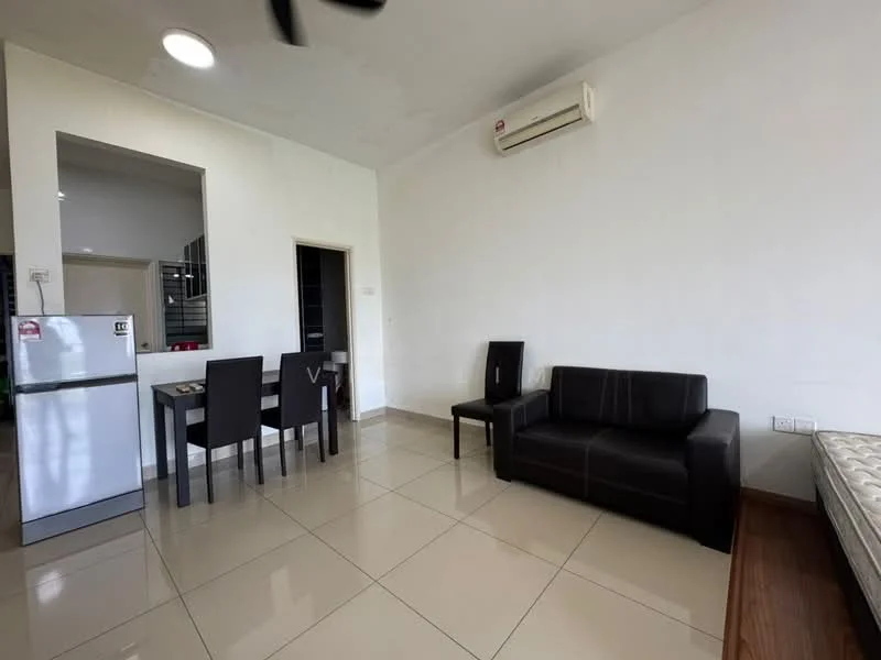 Living features: 3-seater leather sofa in black, dining table for 2, 2 dining chairs, fridge, wall-mounted split AC, tile flooring, white painted walls, ceiling light, wooden flooring at the edge, open layout; style: modern.