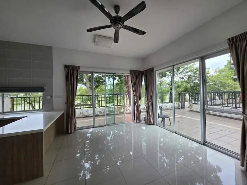Living features: 5-blade ceiling fan, floor-to-ceiling windows, sliding glass door, cream painted walls, white tiled flooring, curtains, open layout, access to balcony, natural light, view of greenery; style: modern; view: garden.