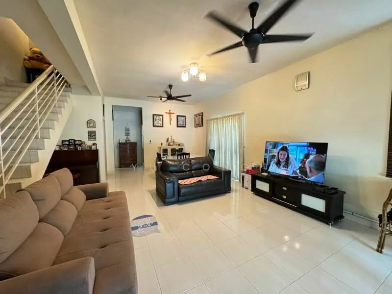 Living features: 3-seater fabric sofa in beige, 2-blade ceiling fan, wall-mounted TV, TV console in black, coffee table, white tiled flooring, large window with sheer curtains, decorative wall cross, light fixture with multiple bulbs, open layout to staircase; style: modern.
