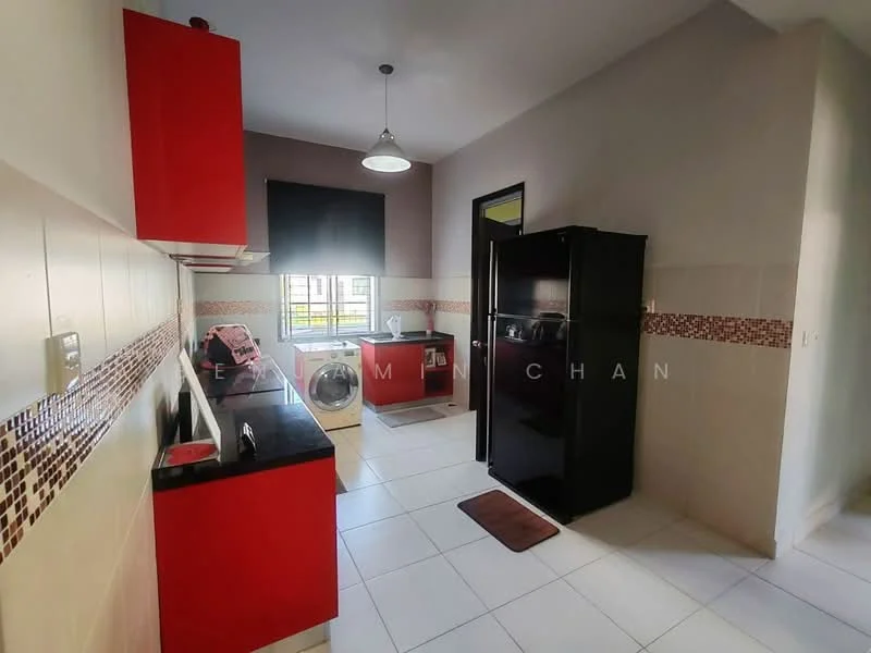 Kitchen features: red cabinetry, black countertop, stainless-steel sink, chrome pull-down faucet, built-in washing machine, black refrigerator, white tiled flooring, mosaic tile backsplash, window with black roller blinds, pendant light fixture; style: modern.