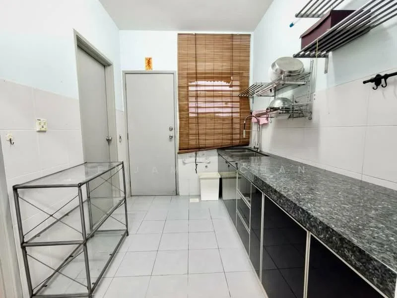 Kitchen features: granite countertop, stainless-steel sink, chrome pull-down faucet, white tiled walls, grey tiled flooring, open shelving, metal storage rack, blinds on window, door to exterior, white cabinetry; style: modern.