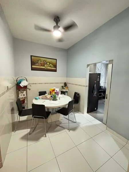 Dining features: round dining table, 4 black dining chairs, ceiling fan, light grey painted walls, white tiled flooring, decorative wall art, kitchen door, black fridge; style: modern.