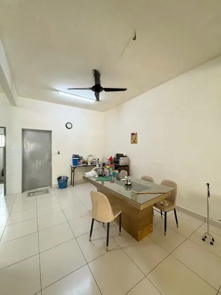 Dining features: white painted walls, tile flooring, ceiling fan, glass-top dining table, 4 dining chairs, wall clock, kitchen appliances visible, storage cabinet, waste bin, open space layout; style: minimalist.