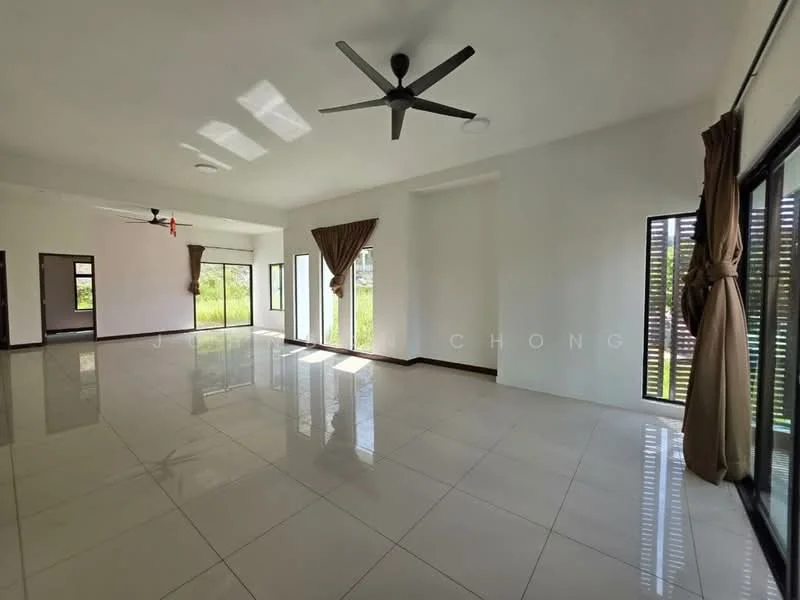 Living features: white painted walls, glossy ceramic tile flooring, 5-blade ceiling fan, large floor-to-ceiling windows, sliding glass door, curtains, natural light, open layout; style: modern; view: garden.