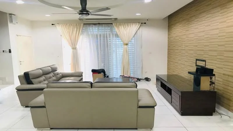 Living features: 3-seater leather sofa in beige, 2-seater leather sofa in grey, coffee table, TV console, wall-mounted TV, area rug, floor-to-ceiling windows, sheer curtains, ceiling fan, recessed downlights, wood accent wall, white tiled flooring; style: modern.