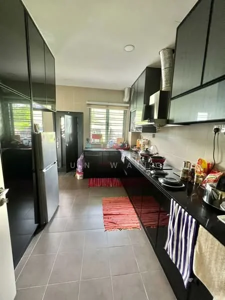 Kitchen features: black cabinetry, stainless-steel fridge, black countertop, ceramic tile flooring, window with horizontal blinds, sink, chrome faucet, stainless-steel range hood, built-in stove, kitchen utensils, dish rack, area rug, wall-mounted shelves; style: modern.