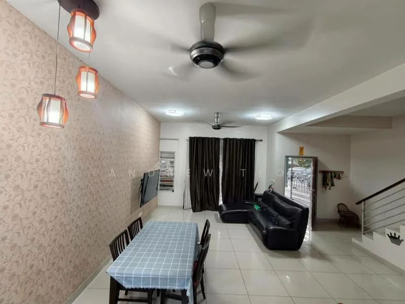 Living features: 3-seater leather sofa, 2-seater leather sofa, dining table with checkered tablecloth, pendant lighting with red shades, ceiling fan with light, wall-mounted TV, cream painted walls with floral pattern, white tiled flooring, blackout curtains, sliding glass door, decorative wall art; style: modern.
