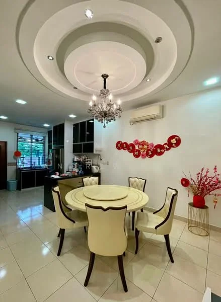 Dining features: round dining table with cream finish, 6 upholstered dining chairs in cream, chandelier with decorative crystals, tray ceiling with recessed lighting, white painted walls, cream tiled flooring, air conditioning unit on wall, decorative wall art with red accents, flower arrangement in ceramic pot, large window for natural light; style: modern. Kitchen features: black cabinetry, stainless-steel appliances, open layout to dining area; style: modern.