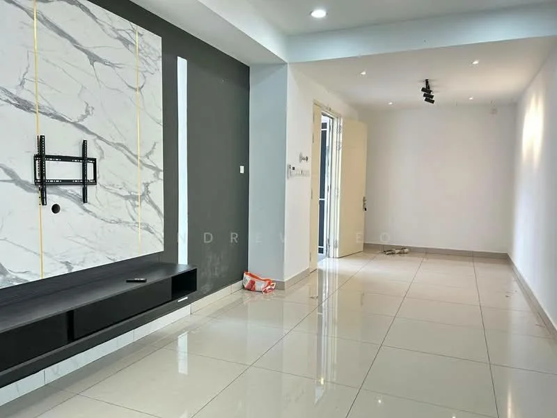 Living features: white marble accent wall, grey painted wall, glossy tile flooring, recessed LED downlights, wall-mounted TV bracket, black media console, open space layout, double-door entrance, neutral wall color, no visible furniture; style: modern.