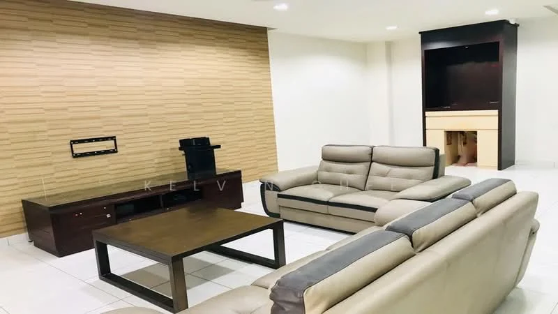 Living features: light grey leather sofa, 3-seater sofa, 2-seater sofa, wooden coffee table, TV console, feature wall with wood paneling, white tiled flooring, recessed lighting, built-in cabinetry, wall-mounted TV bracket; style: modern.