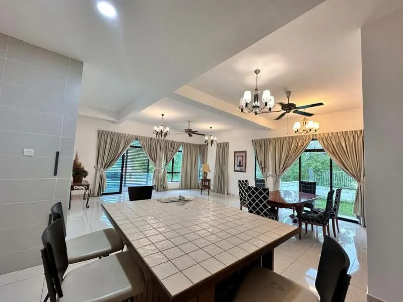 Dining features: large rectangular dining table, upholstered dining chairs, chandelier lighting, 5-blade ceiling fan, white walls, tile flooring, floor-to-ceiling windows, curtains, open layout to living area, decorative wall art; style: modern; view: garden. Kitchen features: large kitchen island with tiled countertop, stools at kitchen island, white cabinetry, built-in appliances, recessed lighting; style: modern.