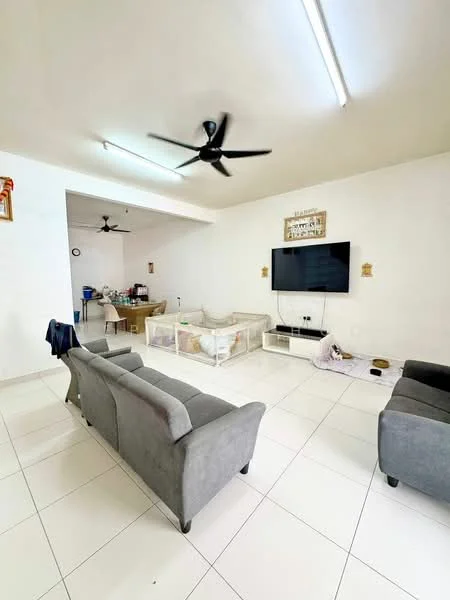 Living features: grey fabric 3-seater sofa, grey fabric 2-seater sofa, wall-mounted TV, white painted walls, white ceiling, recessed LED downlights, ceiling fan, tile flooring, decorative wall art, open layout to dining area, visible dining table in background; style: modern.