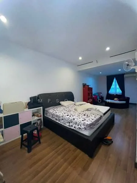 Bedroom features: queen-size bed with patterned bedding, wooden flooring, white painted walls, recessed downlights, blackout curtains, built-in wardrobe, red storage unit, small stool, sofa, window with natural light; style: modern.