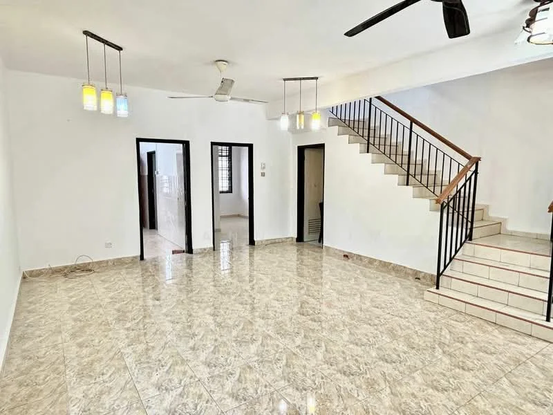Living features: marble tile flooring, white painted walls, ceiling fan, 5-blade ceiling fan with light, hanging pendant lights, staircase with metal railing, open layout, large windows, doorway to other rooms; style: modern.