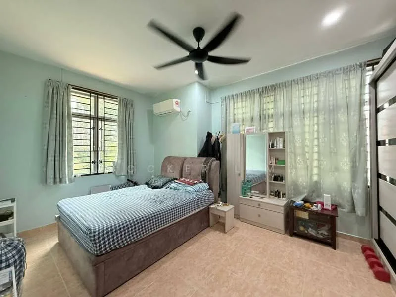 Bedroom features: queen-size bed with checkered bedding, 2 bedside tables, wall-mounted split AC unit, 5-blade ceiling fan, window with sheer curtains, light green painted walls, tile flooring, dressing table with mirror, built-in wardrobe with sliding doors, decorative items on dresser; style: modern; view: garden.