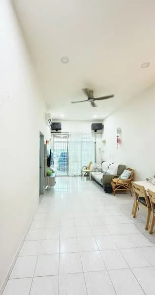 Living features: white painted walls, glossy white tile flooring, 5-blade ceiling fan, floor-to-ceiling windows, sheer curtains, sofa in light grey, wooden folding chair, dining table with 4 chairs, air conditioning unit, wall-mounted TV, decorative plants; style: modern.