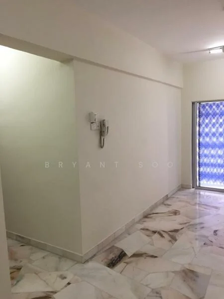 Room features: white painted walls, marble flooring, window with blue patterned treatment, telephone intercom system.
