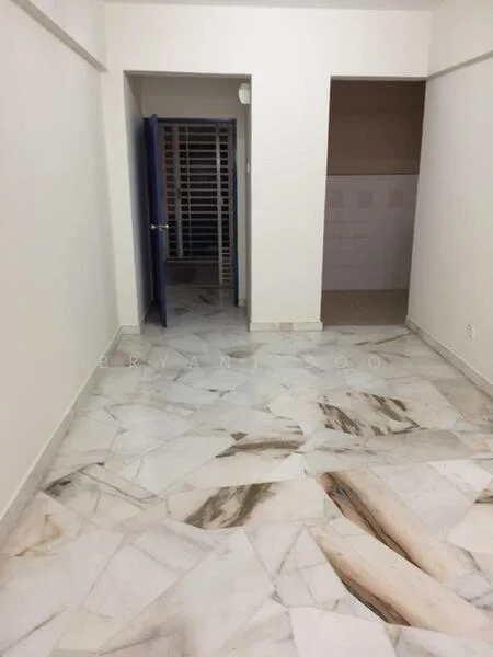 Room features: marble flooring, white painted walls, doorway leading to another room, window with security bars, neutral color scheme; style: modern.