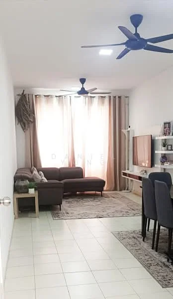 Living features: 3-seater fabric sofa in grey, area rug with geometric pattern, wall-mounted TV, TV console, 2 ceiling fans, floor-to-ceiling windows with sheer curtains, light-colored walls, tiled flooring, decorative wall hanging, dining table with chairs; style: modern.