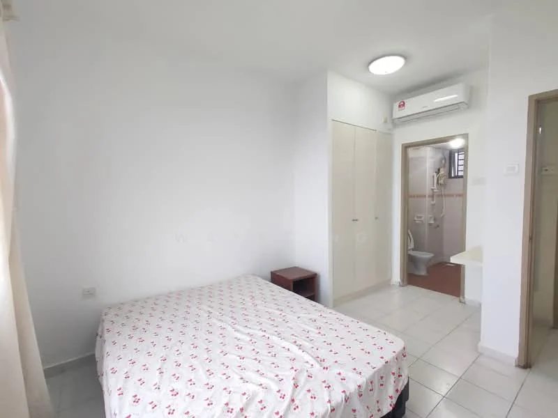 Bedroom features: queen-size bed with patterned bedding, white painted walls, tile flooring, built-in wardrobe with sliding doors, 1 wall-mounted split AC, ceiling light fixture, window with sheer curtains, nightstand; style: modern.