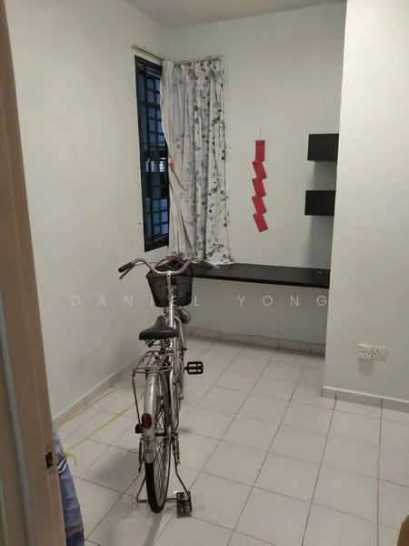 Room features: light green painted walls, white tiled flooring, single window with black grille, curtains with floral pattern, wall-mounted shelf, bicycle, small area rug, light fixture on ceiling; style: modern.