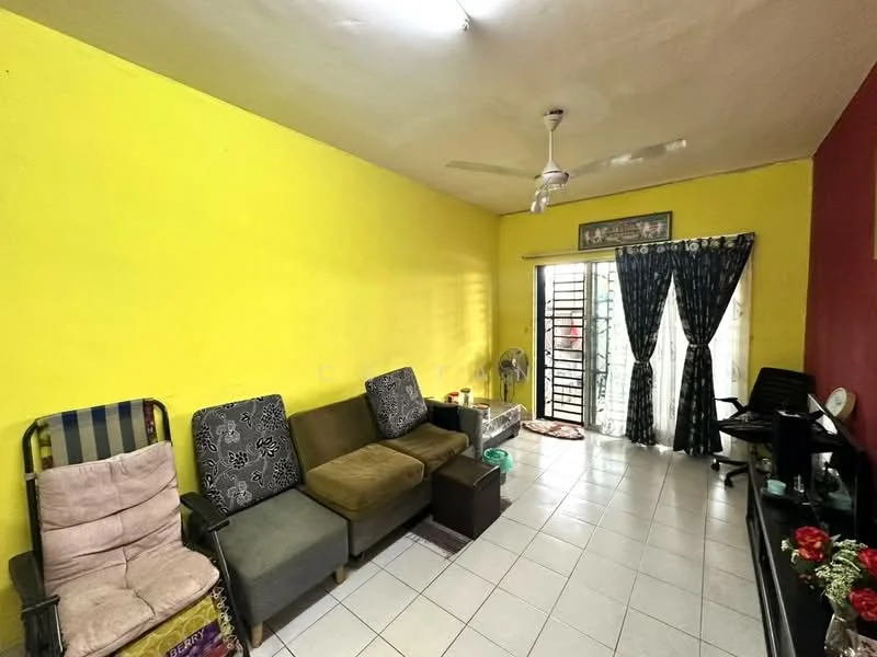 Living features: yellow painted walls, white tiled flooring, 5-blade ceiling fan, sofa with fabric upholstery in grey, 2-seater fabric sofa in brown, armchair with patterned upholstery, coffee table, TV console, floor-to-ceiling windows with black curtains, door leading outside; style: modern.