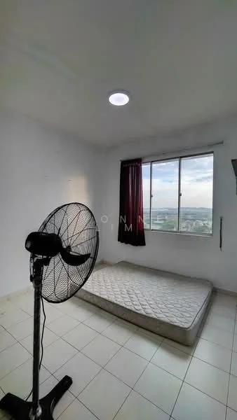 Bedroom features: white painted walls, tile flooring, single window with city view, red curtains, ceiling light, floor fan, mattress on the floor; view: city.