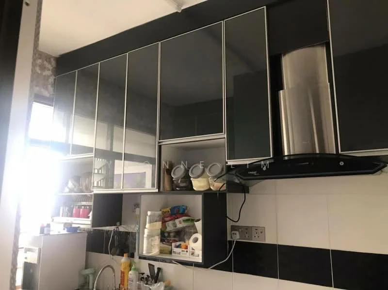 Kitchen features: black and white tiled backsplash, black cabinetry with glass fronts, stainless-steel range hood, built-in refrigerator, open shelving, countertop with kitchen appliances, wall-mounted storage, under-cabinet lighting; style: modern.