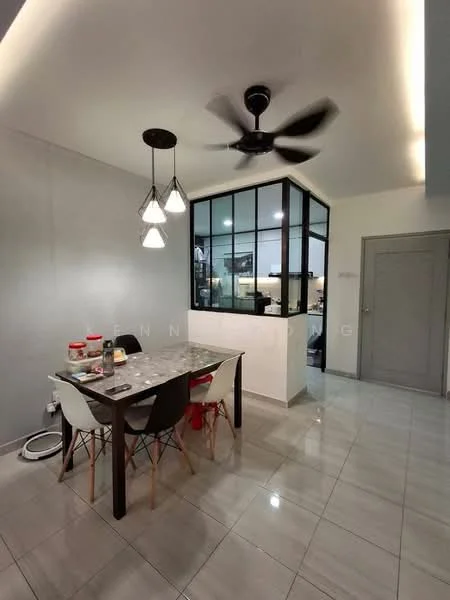 Dining features: dining table with four chairs, pendant lighting with three bulbs, grey painted walls, glossy tile flooring, ceiling fan with 5 blades, open layout to kitchen, glass partition wall, decorative items on table; style: modern.