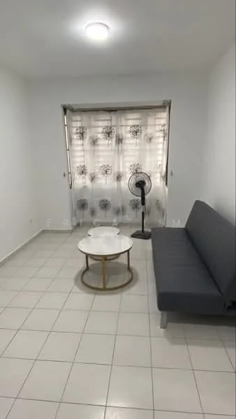 Living features: grey fabric sofa, round coffee table with gold base, white tiled flooring, white painted walls, ceiling light, floor fan, window with sheer curtains; style: modern.